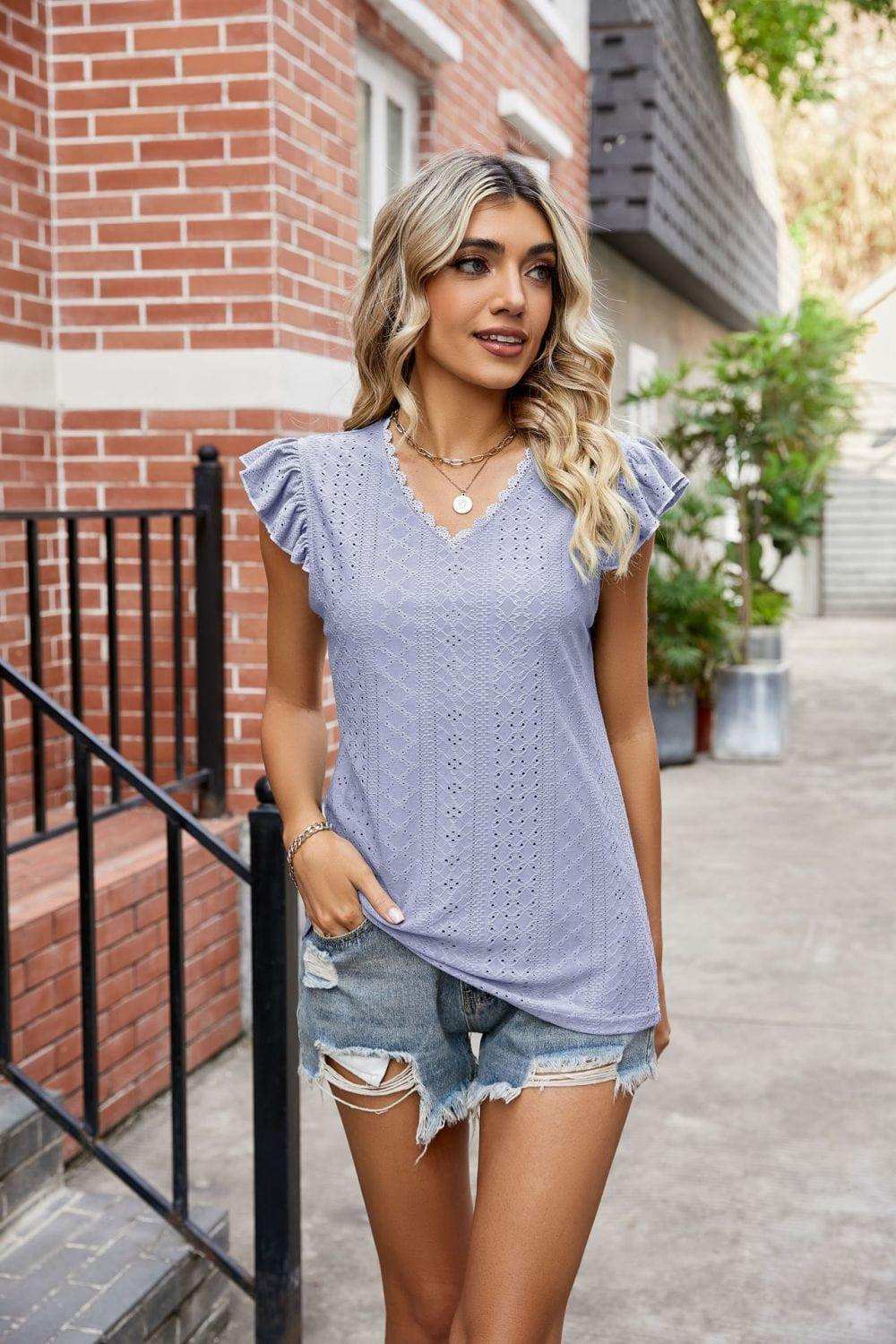 Eyelet Flutter Sleeve Scalloped V-Neck Top - Trendsi - Flyclothing LLC