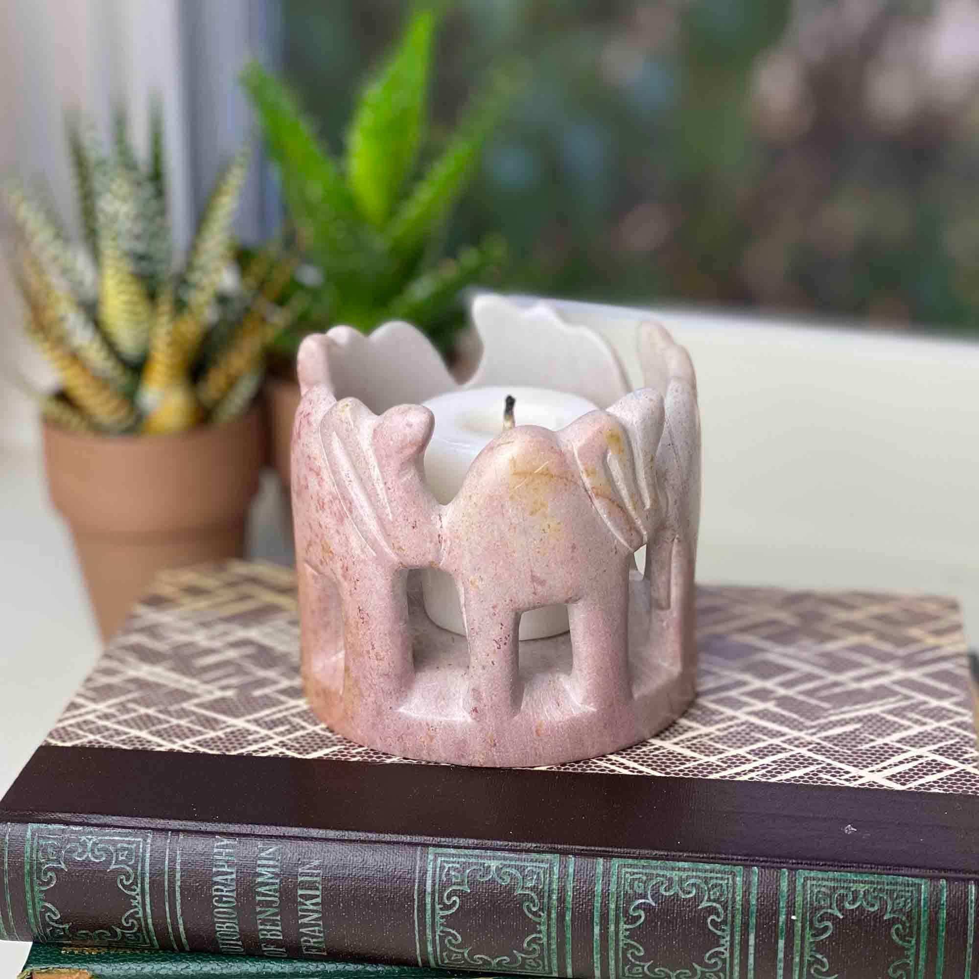 Circle of Elephants Soapstone Sculpture, 3 to 3.5-inch - Light Natural Stone - SMOLArt - Flyclothing LLC