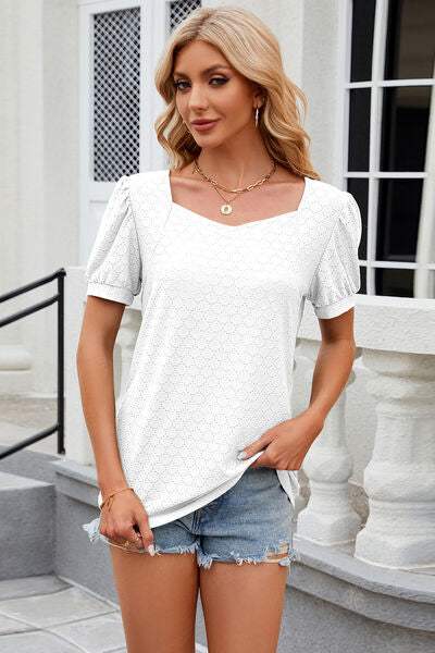 Eyelet Short Sleeve T-Shirt - Trendsi - Flyclothing LLC