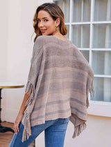 Striped Boat Neck Poncho with Fringes - Trendsi - Flyclothing LLC