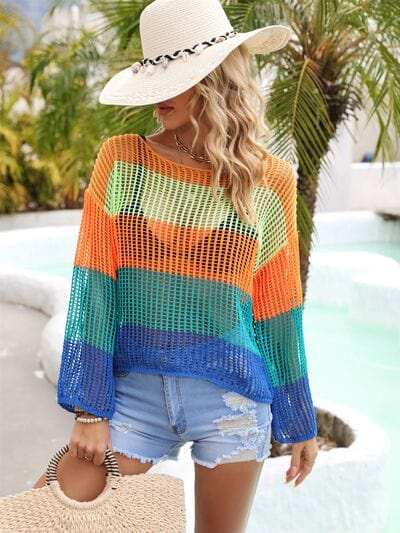 Color Block Openwork Boat Neck Cover Up - Trendsi - Flyclothing LLC
