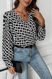 Geometric V-Neck Long Sleeve Blouse - Trendsi