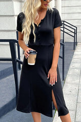 Buttoned Short Sleeve Slit Dress - Trendsi - Flyclothing LLC