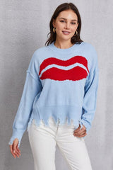 Lip Fringe Round Neck Sweater - Trendsi