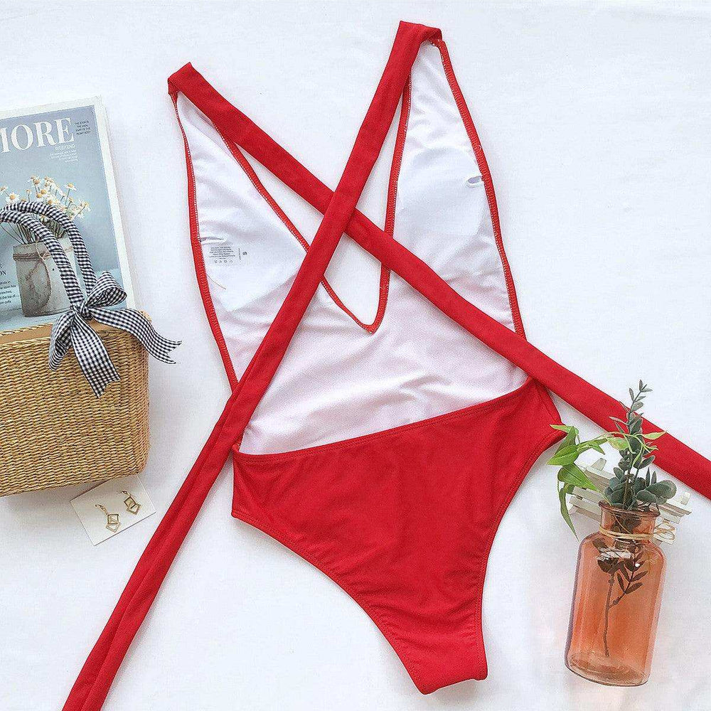 Halter Neck Deep V Tied One-Piece Swimsuit - Trendsi - Flyclothing LLC