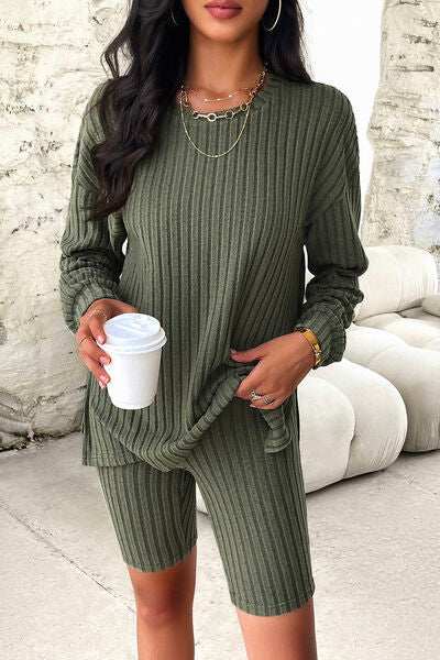 Ribbed Round Neck Dropped Shoulder Top and Shorts Set - Trendsi - Flyclothing LLC