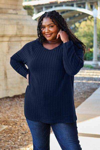 Basic Bae Full Size Ribbed Round Neck Long Sleeve Knit Top - Trendsi - Flyclothing LLC
