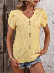Eyelet V-Neck Petal Sleeve T-Shirt - Trendsi