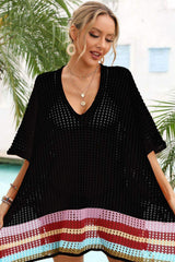 Rainbow Stripe Openwork Slit Cover-Up - Trendsi - Flyclothing LLC