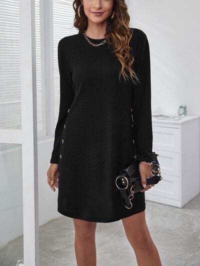 Decorative Button Round Neck Dress - Trendsi - Flyclothing LLC