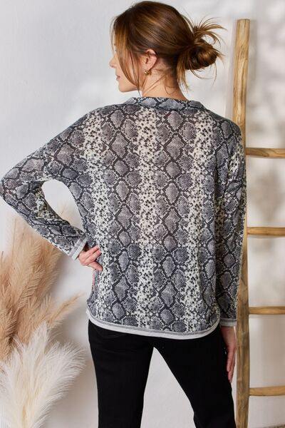 Hailey & Co Full Size Snakeskin V-Neck Long Sleeve Top - Trendsi