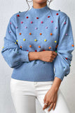 Pom-Pom Trim Mock Neck Long Sleeve Pullover Sweater - Trendsi - Flyclothing LLC