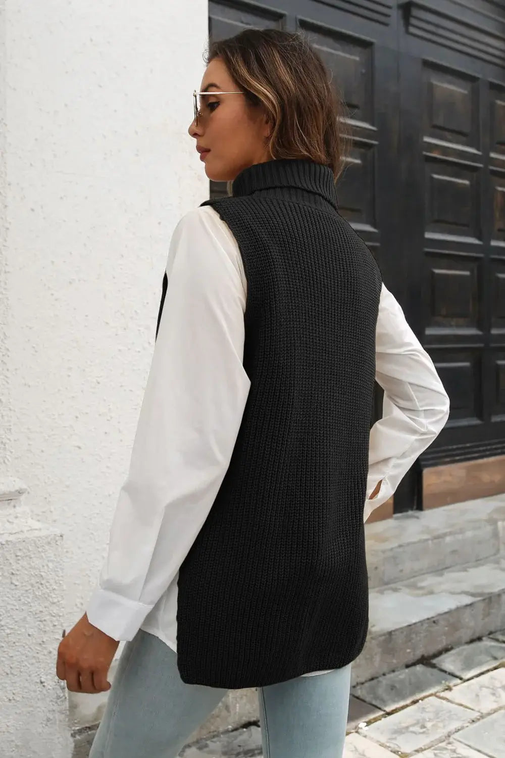 Ribbed Mock Neck Sleeveless Sweater Vest - Trendsi - Flyclothing LLC