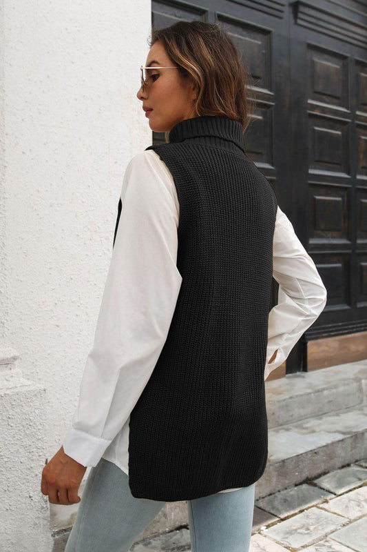 Ribbed Mock Neck Sleeveless Sweater Vest - Trendsi