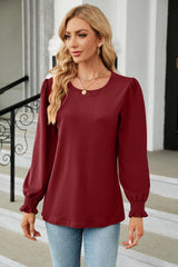 Round Neck Smocked Flounce Sleeve Blouse - Trendsi