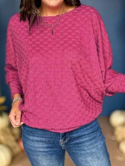 Checkered Round Neck Batwing Sleeve T-Shirt - Trendsi - Flyclothing LLC