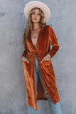 Collared Neck Longline Velvet Cardigan with Pockets - Trendsi