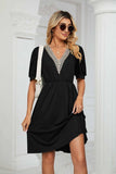 Contrast V-Neck Puff Sleeve Pocket Dress - Trendsi - Flyclothing LLC