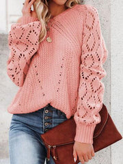 Openwork Round Neck Lantern Sleeve Sweater - Trendsi