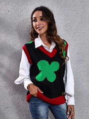 Four Leaf Clover V-Neck Sweater Vest - Trendsi