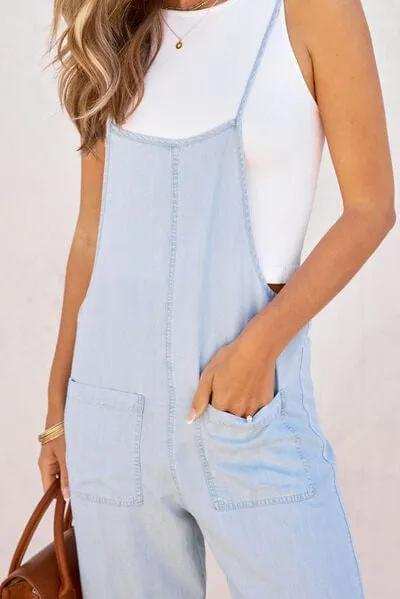 Spaghetti Strap Denim Overalls with Pockets - Trendsi - Flyclothing LLC