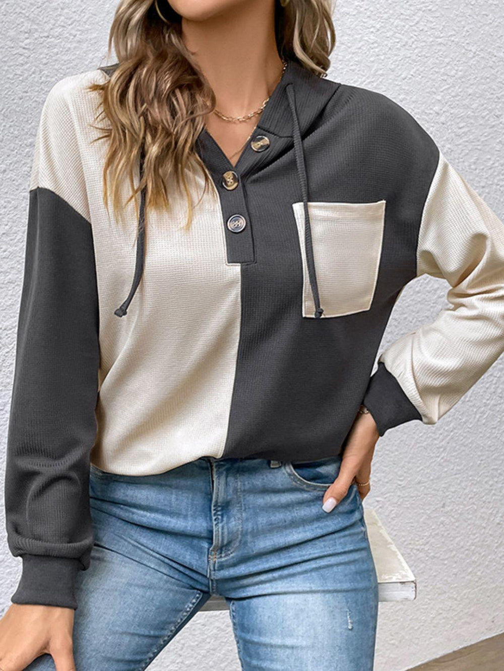 Contrast Color Button-Up Raglan Sleeve Hoodie - Trendsi