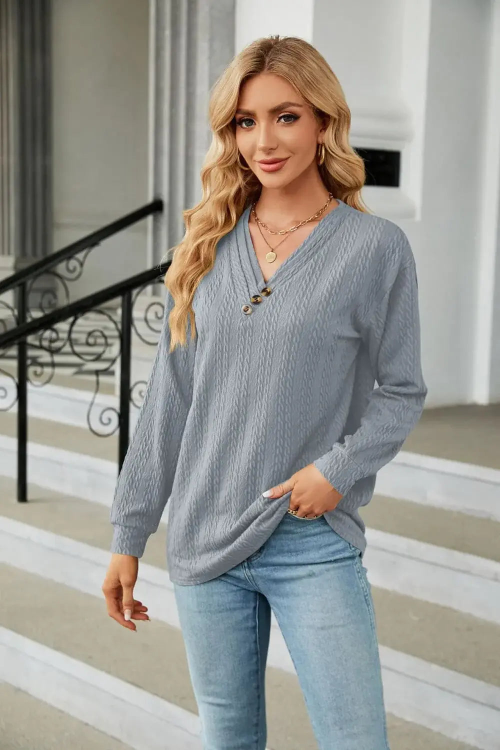 Decorative Button V-Neck Long Sleeve T-Shirt - Trendsi - Flyclothing LLC