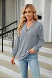 Decorative Button V-Neck Long Sleeve T-Shirt - Trendsi