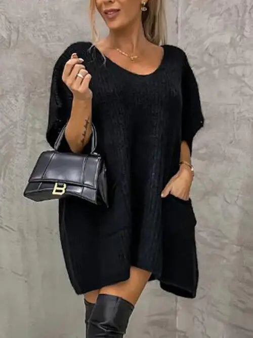 V-Neck Short Sleeve Sweater with Pockets - Trendsi - Flyclothing LLC