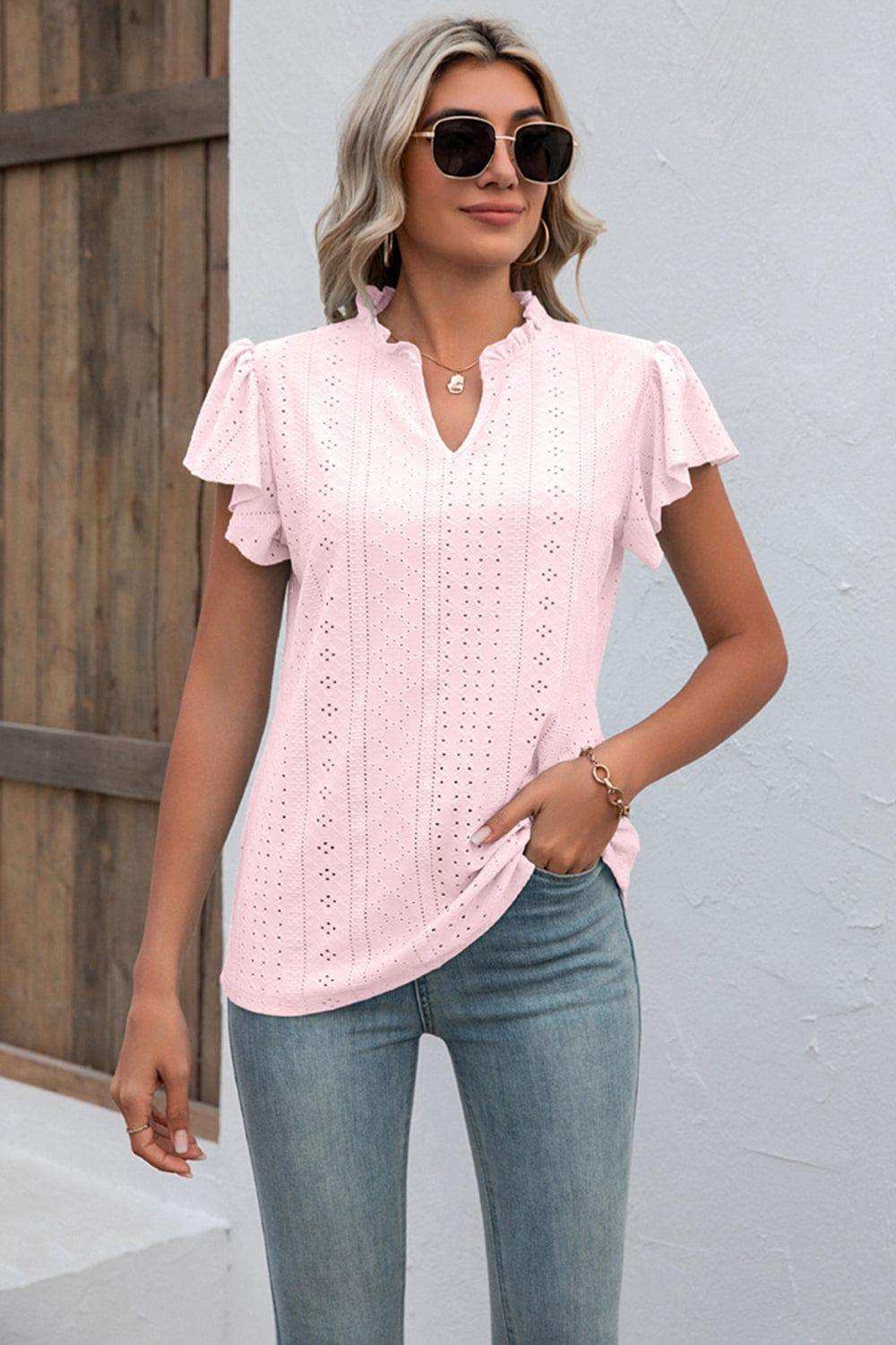 Eyelet Notched Neck Flutter Sleeve Top - Trendsi - Flyclothing LLC