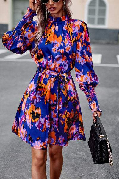 Printed Tie Waist Mock Neck Lantern Sleeve Dress - Trendsi - Flyclothing LLC