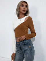 Croopped Contrast Color Round Neck Short Sleeve Tee - Trendsi - Flyclothing LLC