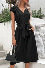Tie Belt V-Neck Pleated Dress - Trendsi - Flyclothing LLC