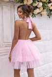 Halter Neck Backless Mesh Dress - Trendsi