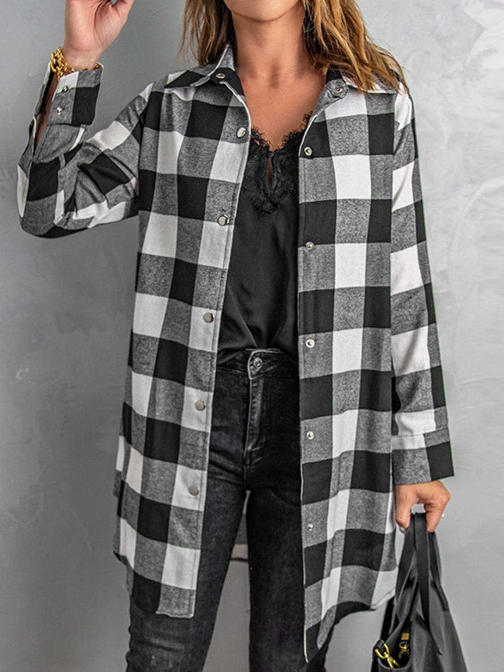 Plaid Snap Down Long Sleeve Jacket - Trendsi - Flyclothing LLC