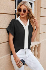 Contrast Johnny Collar Short Sleeve Blouse - Trendsi - Flyclothing LLC