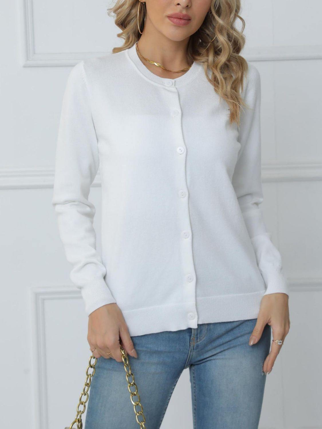 Button Down Round Neck Cardigan - Trendsi
