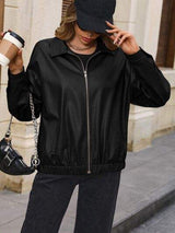 Pocketed Zip Up Collared Neck Jacket - Trendsi - Flyclothing LLC