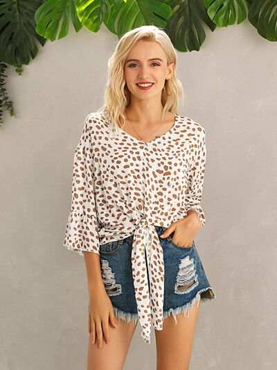 Tied Printed Button Up V-Neck Blouse - Trendsi - Flyclothing LLC