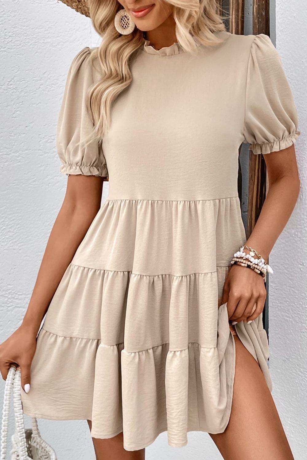 Puff Sleeve Tie Back Tiered Dress - Trendsi - Flyclothing LLC