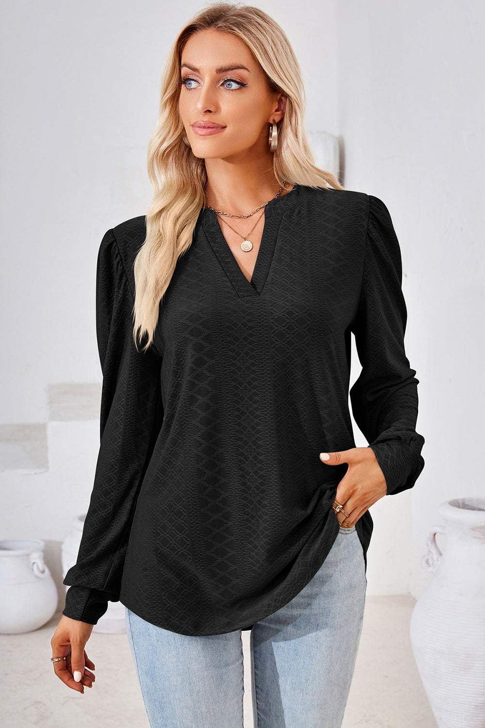Notched Long Sleeve T-Shirt - Trendsi - Flyclothing LLC