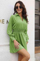 Johnny Collar Smocked Waist Long Sleeve Mini Dress - Trendsi