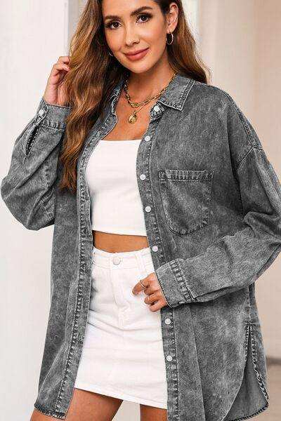 Button Up Dropped Shoulder Denim Top - Trendsi - Flyclothing LLC