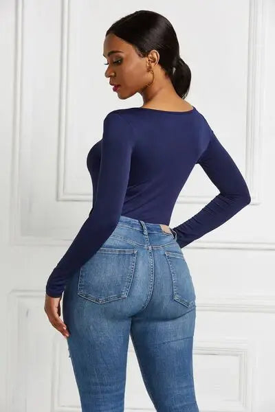 Half Zip Scoop Neck Long Sleeve Bodysuit - Trendsi - Flyclothing LLC