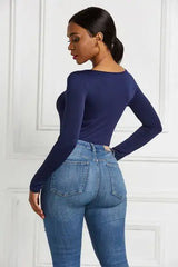 Half Zip Scoop Neck Long Sleeve Bodysuit - Trendsi - Flyclothing LLC