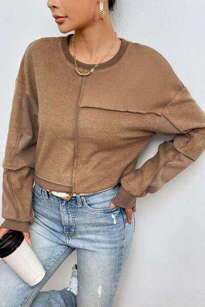 Exposed Seam Round Neck Long Sleeve Sweatshirt - Trendsi - Flyclothing LLC
