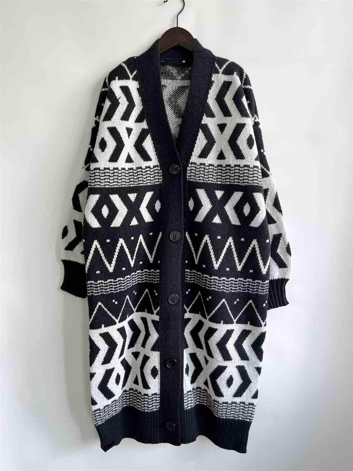 Geometric Button Front Longline Cardigan - Trendsi