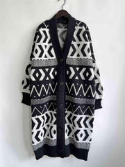 Geometric Button Front Longline Cardigan - Trendsi