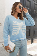 Skeleton Pattern V-Neck Long Sleeve Pullover Sweater - Flyclothing LLC