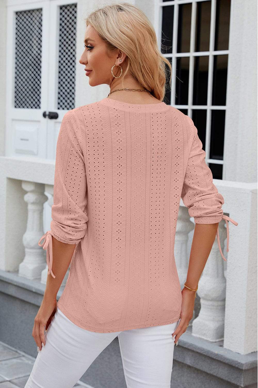 Eyelet Drawstring V-Neck Half Sleeve T-Shirt - Trendsi - Flyclothing LLC